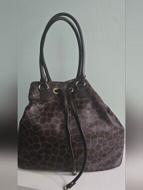Talbots  Brown Leather Giraffe-Print Drawstring Tote Bag